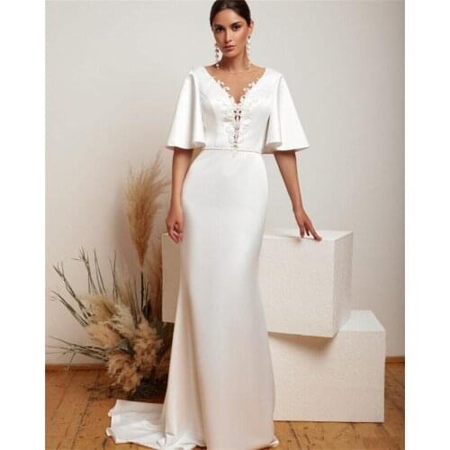 Bohemian Mermaid Wedding Dresses Scoop Neck Appliqued Half Sleeves Bridal Gowns Sweep Train Ruched Satin Vestidos De Novia