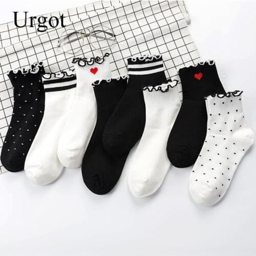 Urgot 1 Pair Women Socks Striped Heart Cotton Solid Color Cute Dots Casual Breathable White Women Fashion Lady crimping Socks