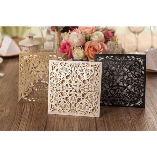 100Pcs Ivory & Gold & Blank Square Laser Cut Wedding Invitations Card, Birthday Party Quinceanera Greeting Card with envelopes