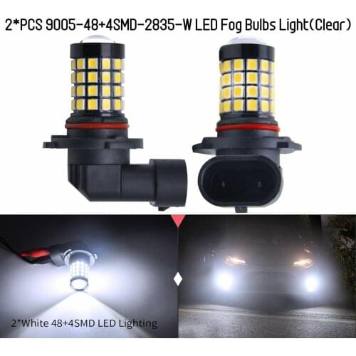 2Pcs 9005-48+4SMD-2835-White LED Bulbs Fog Lamp 10-30V High Brightness Clear Lens Fit All Cars