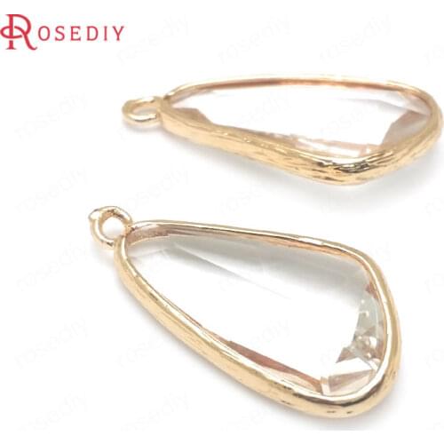 36401)6PCS 28x14MM 24K Champagne Gold Color Brass with White Glass Faceted Irregular Drop Shape Charms Pendants Findings