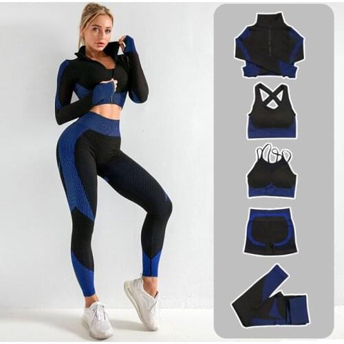 5pcs Women Yoga Set Seamless Fitness Suit Long Sleeve Clothes Crop Top Gym Bra Sport Shorts High Wiast Pant Workout Leggings