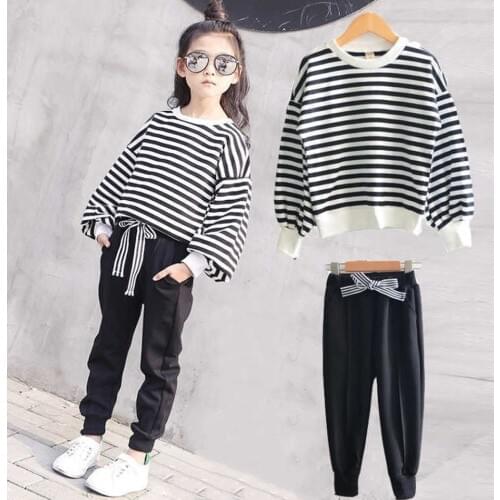 2021 Children Clothing winter Autumn Stripe T-shirts + pants Girls tracksuit Sets Striped Teenager 4 5 6 7 8 10 11 12 13 Years