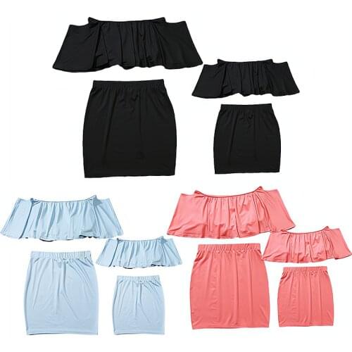 Family MatchingOff Shoulder T-shirt Tops+Skirt 2pcs Mother Daughter Me Dresses 2019 Summer Clothes Kids Parent Child Outfits