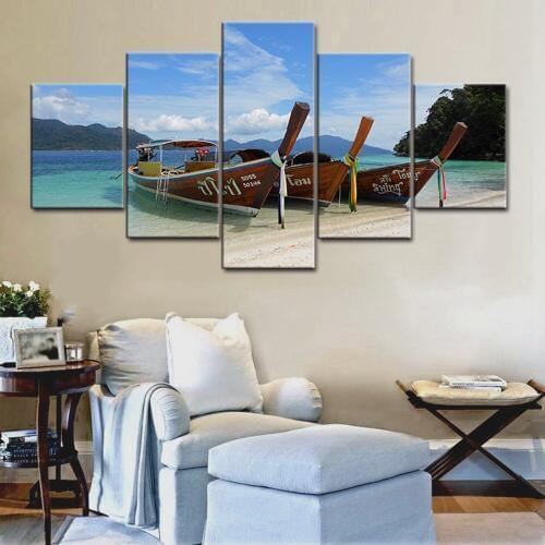 Beautiful Scenery of the Seaside Sea Boats Poster and Print Thailand Long Tail Boat Canvas Painting for Home Decoration Wall Art