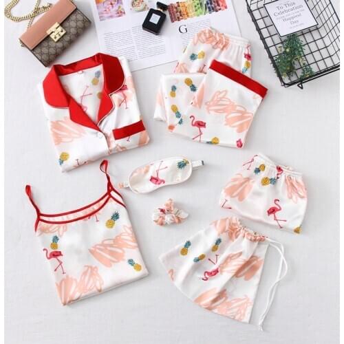 Summer And Autumn Pajamas Female Silk Thin Section Sexy Suspenders Nightwear Seven-Piece Ice Silk Long-Sleeved Trousers Homewear