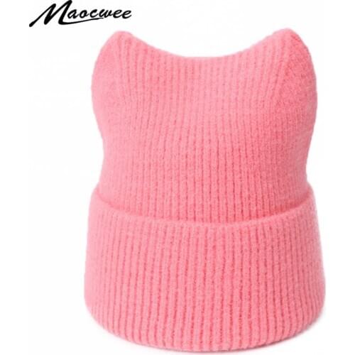 Fashion Warm Beanies Hats For Women Cute Cat Ear Bonnet Casual Female Solid Color Adult Hedging Cap Cover Crochet Slouch Hat