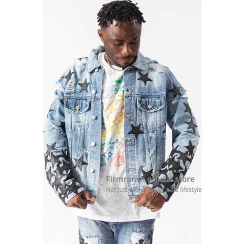 Firmranch New High Qualtiy Black Stars Jacket Blue Denim Coat High Street Fashion Chaqueta Jacket For Men/Women Jean Outerwear