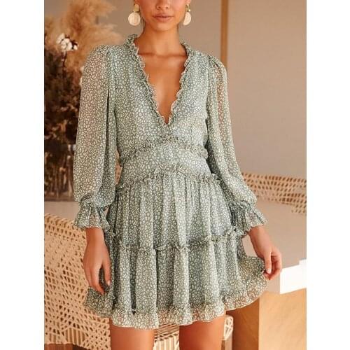 Spring new floral printed mini dress Women sexy v neck long sleeve leopard dot printed ruffle dress Ladies beach holiday dress