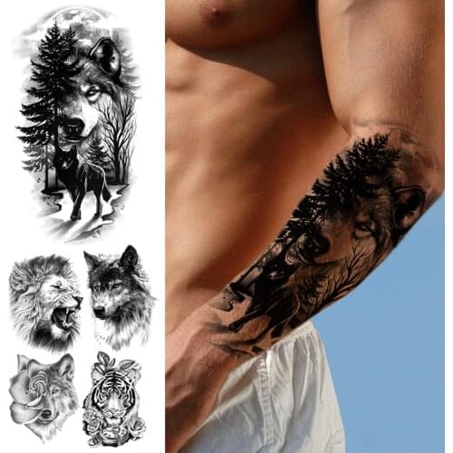 Wolf forest sleeve tattoo designs for men arm band shoulder tattoo animals tiger lion king fox compass body tattoo big black