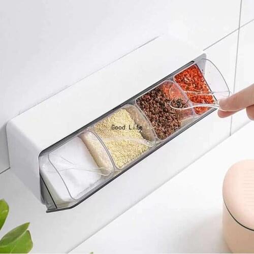 Free Punching Kitchen Salt Sugar Condiment Box Wall-Mounted Drawer Type MSG Condiment Storage Box 4 In 1