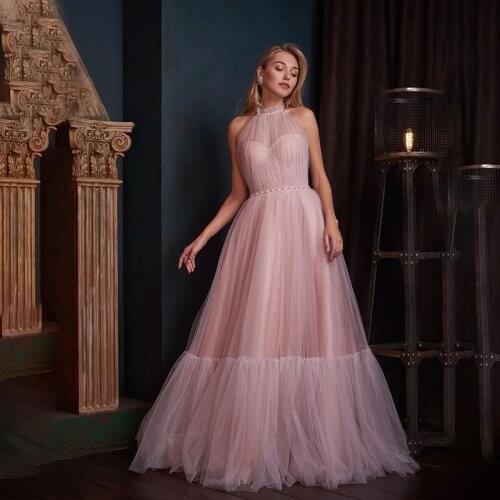 Popular A Line Lace Prom Dress Halter Beaded Tiered Tulle Long Evening Dresses Formal Women Special Occasion Gowns