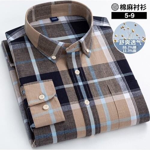 Pure Color Hemp Shirt Striped Plaid Middle-aged Business Slim Fit Shirt Men Longsleeve Shirt for Men Button Down Shirts for Men