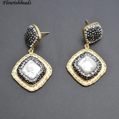 Natural White Pearl Square Beads Dangle Earrings Anti-rust Gold Color Plating Metal Copper Popular Woman Party Jewelry