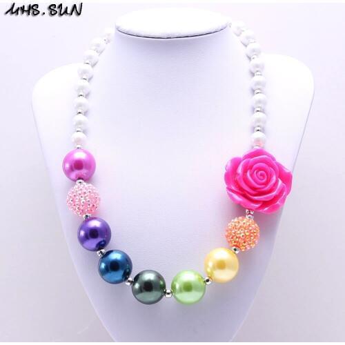 MHS.SUN 1PC Rainbow Color Kid Chunky Necklace Best Gift Rose Flower Girl Children Bubblegum Chunky Bead Necklace Kid Jewelry