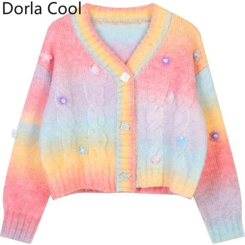 High Quality Designer Cardigans Women Loose Rainbow Striped Short Sweaters Female Beading Florals V-neck Diamonds Button Tops