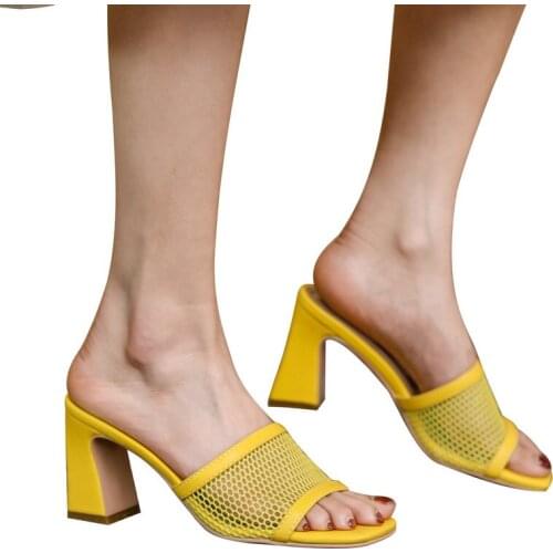 2021 New Summer High Heel Women Slippers Fashion Slip On Breathable Mesh Sandals Square Heel Open Toe Dress Lady Shoes