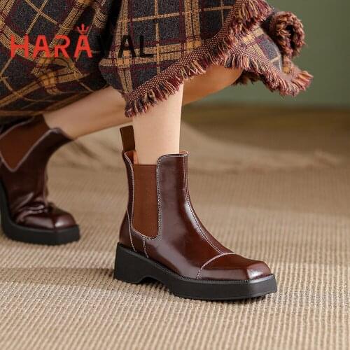 HARAVAL Ankle Modern Boots Shoes Thick Bottom Solid Fashion Elegant Square Toe Genuine Leather Black Footwear Shoes Women E544L