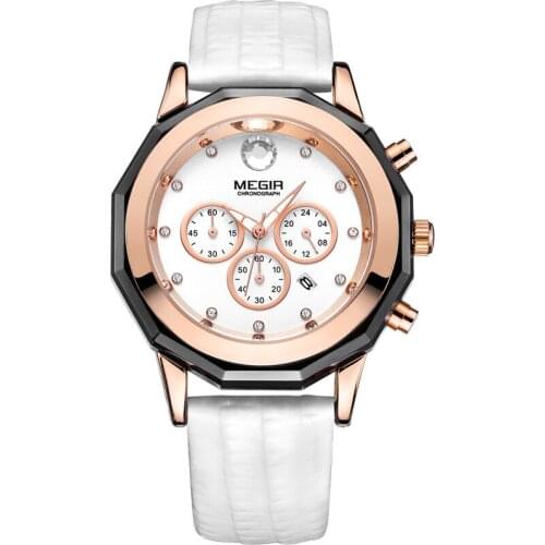 MEGIR 2042 Women Chronograph Leather Strap Quartz Watches Luminous Hands Waterproof Wristwatch for Woman Date