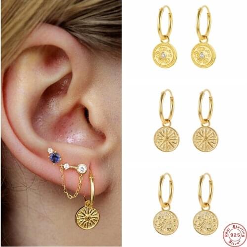 Aide 925 Sterling Silver Moon Phases Stamping Round Pendant Dangle Earrings For Women Boho Zircon Drop Earrings Piercing Jewelry