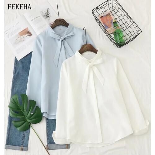 Womens Chiffon Blouses White Shirts Bow Long Sleeve Lady Tops Lacing Autumn Female Clothes Blue Solid Color