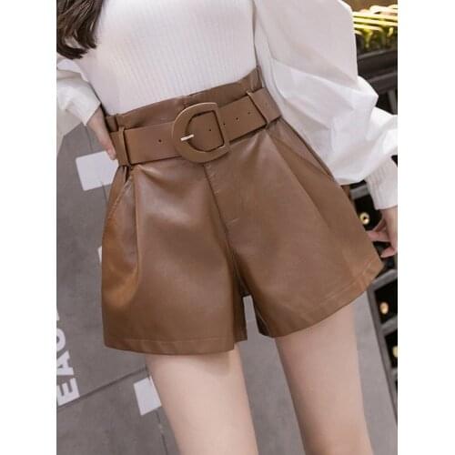 2021 New Autumn Winter PU Faux Leather Womens Shorts Sashes Female High Waist Wide Leg Shorts Lady Elegant Solid Trousers H396