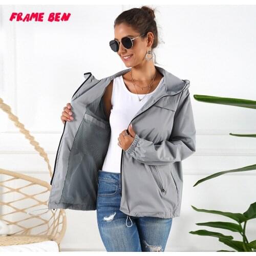 FRAME BEN Womens 2019 Autumn Casual Streetwear Waterproof Raincoat Windbreaker Patchwork Jacket Outdoor Hooded Rain Jacket