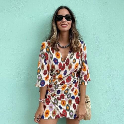 Ardm Fahion V Neck Colorful Geometric Print Vestidos Mujer Verano 2021 Elegant High Waist Bow Knot Wrap Asymmetry Dot Mini Dress