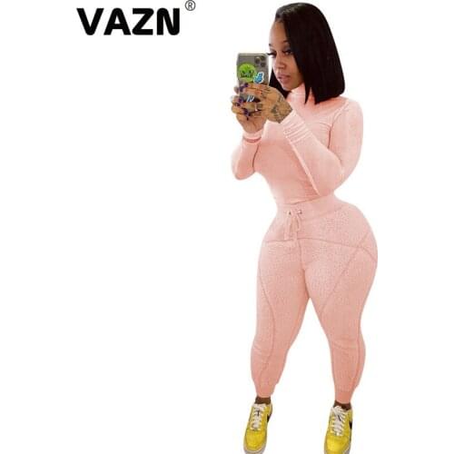 VAZN 2020 Winter High-end Young Daily Soft Elastic Sweet Solid Full Sleeve Top Group Long Pants Skinny Women 2 Piece Set