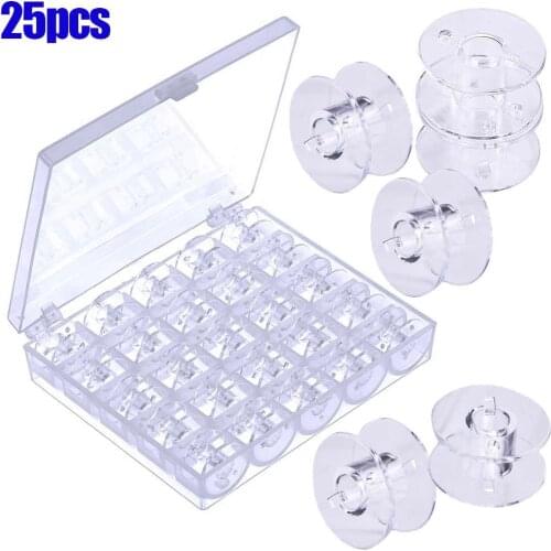 25Pcs Empty Bobbins Sewing Machine Spools Clear Plastic with Case Storage Box for Brother Janome Singer Elna D1