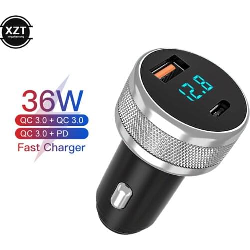 36W Metal Dual USB Car Charger Digital Display USB QC+PD Car Charger For Samsung Xiaomi iPhone Auto Fast Phone Charger