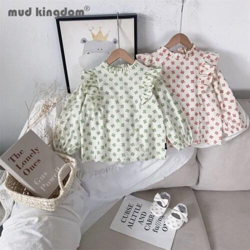 Mudkingdom Little Girls Blouses Fashion Ruffles Floral Long Sleeve Drop Shoulder Shirt for Toddler Spring Autumn Tops Clothing
