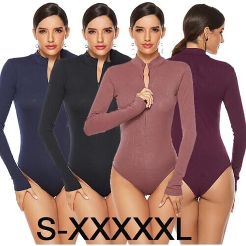 Zipper Long Sleeve Bodysuit Women Jumpsuit Plus Size Rib Body Sweater Winter V High Neck High Cut Streetwear Outfits Overalls