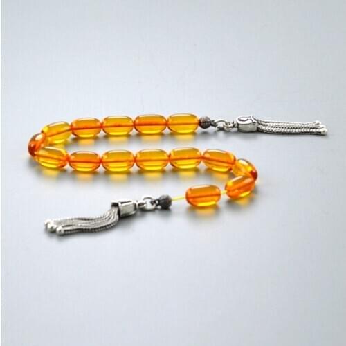 Yellow Bakelite Stress Chain Polshak Mascot Rosary 6x11 cm. Capsule Cut 925 Sterling Silver Decoration