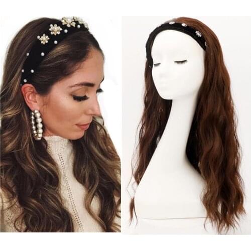 Hywamply 24inch Wavy Synthetic U Shaped Wigs for Women 3/4 Half Wigs with Crystal Headband Accessories Hair Piece Extensions