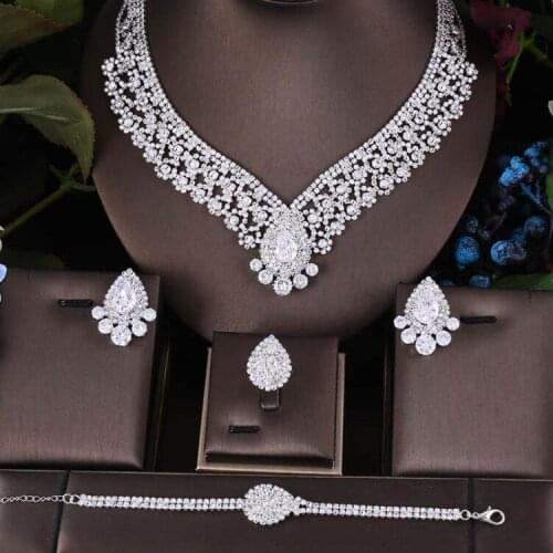 Janekelly 4pcs Bridal Zirconia Full Jewelry Sets For Women Party, Luxury Dubai Nigeria CZ Crystal Wedding Jewelry Sets