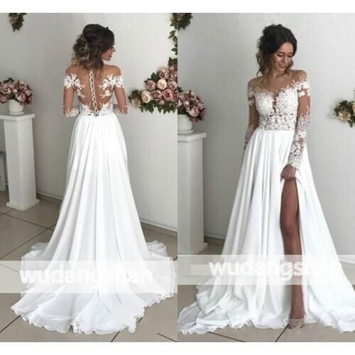 Lace Chiffon A-Line Wedding Dresses V Neck Long Sleeve Side Split Sweep Train Back Buttons Country Bride Dress Vestido De Noiva