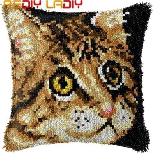 Latch Hook Cushion Lovely Kitten Pillow Case Acrylic Yarn Sofa Pillow Printed Color Canvas Crochet Cushion Cover Arts & Crafts