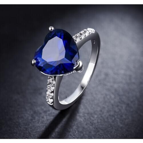 2020 Hot Luxury Classic Blue Heart Zircon Wedding Rings For Women Silver Color Female Jewelry Birthstone Engagement Party Gifts