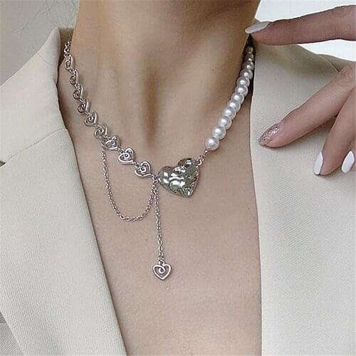 Statement Silver Heart Pendant Chain Pearl Choker Necklace For Women Sexy Jewelry Fashion Collares Bijoux Femme