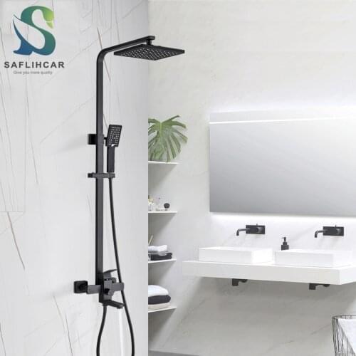 Matte Black Bathroom Shower Set 8" Rainfall Showerhead Hot and Cold Faucet Single Handle Wall-mounted Shower Set