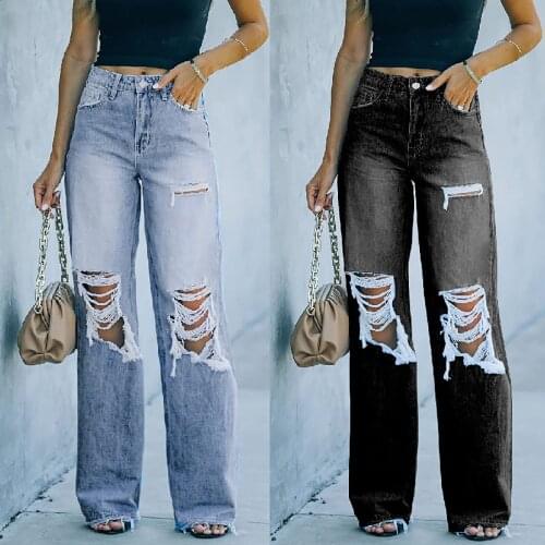 Fashion Women Washed High Waist Ripped Hole Denim Harajuku Jeans Stretch Wide Leg Straight Pants Trousers Vaqueros Mujer#g3