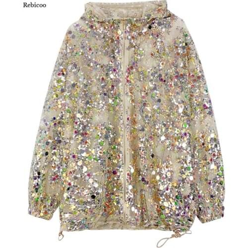 New Spring Bling Sequined Jackets Female Long Sleeve Sequins Stitch Loose Sunscreen coat Women Coat Fashion Shiny Bar XC193
