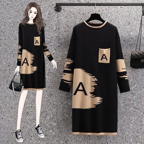 EHQAXIN 2021 Autumn Womens Knit Dresses Fashion New Long Sleeve Loose All-Match Long Letter Print Dress With Pocket M-4XL