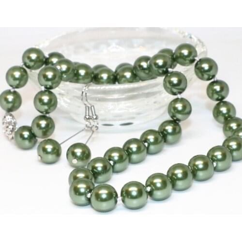 Original Design High Grade Simulated-pearl Shell 10mm Green Necklace Earrings Set Round Beads Women Gifts Jewelry 18inch B2341
