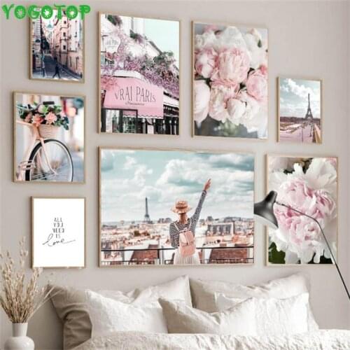 Peony Cherry Blossoms Paris Tower Street Wall Art Diy diamond painting 5D full Drill mosaic diamond embroidery Wall Art YYYY5209