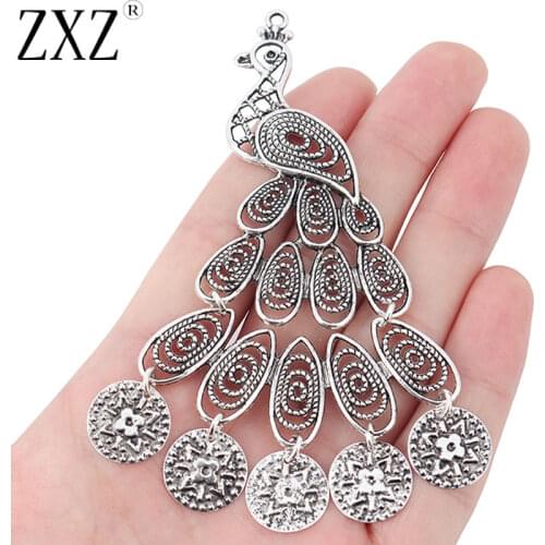 ZXZ 2pcs Tibetan Silver Large Filigree Peacock Charms Pendants for Necklace Jewelry Making Findings 105x75mm