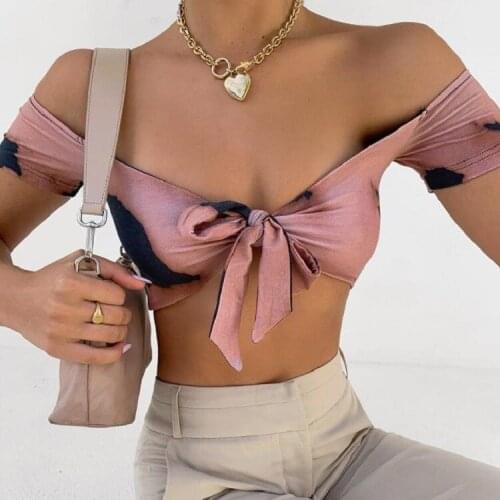 Casual Women Tie Dye Crop Top Sexy Off Shoulder Short Sleeve Tie Knot Front T-Shirt Streetwear