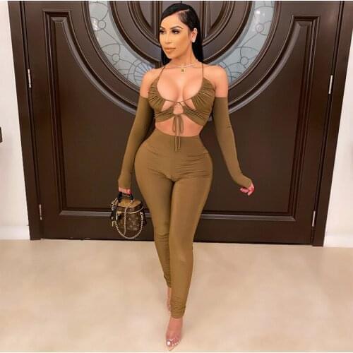 Sexy Off Shoulder Tracksuit Strap Lace Up Hollow Out Crop Top and Pencil Pants Party Club 2 Piece Set Plus Size S-4XL Outfits