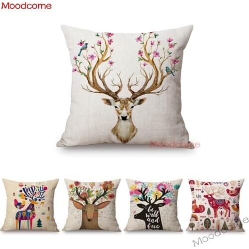 Nordic Europe Home Decoration Floral Deer Head Sofa Throw Pillow Case Lucky Deer Art Christmas Linen Car Pillow Cushion Cover